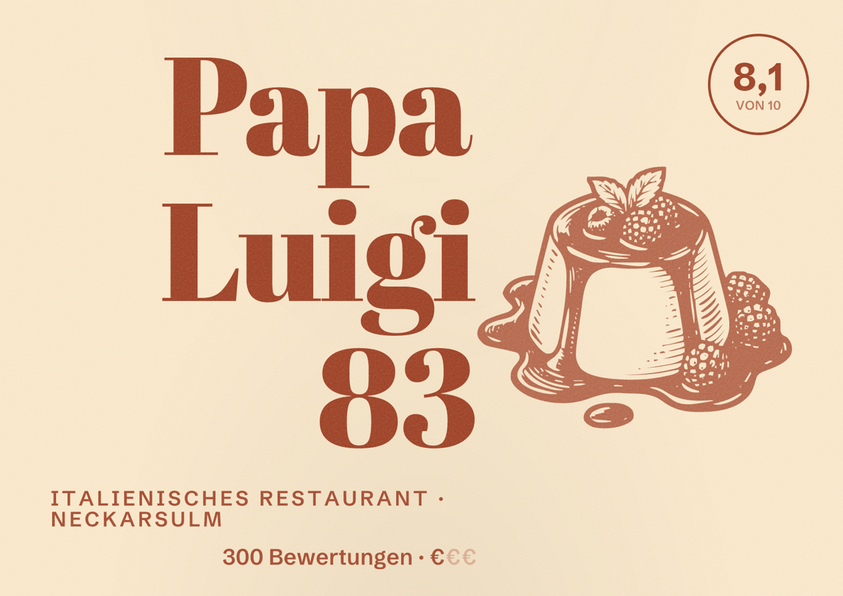Illustriertes Poster von Papa Luigi 83, Italienisches Restaurant in Neckarsulm: Bewertung 8,1 von 10 aus 300 Bewertungen, Preisniveau €