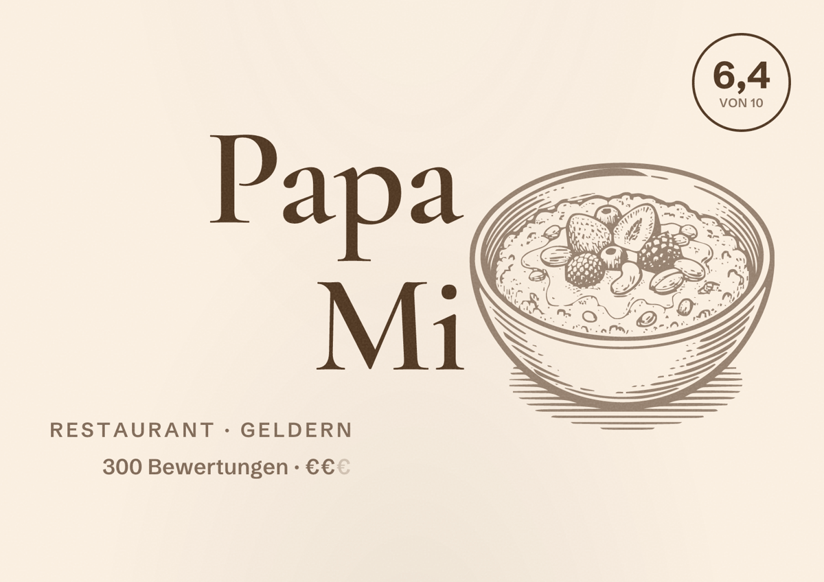 Illustriertes Poster von Papa Mi, Restaurant in Geldern: Bewertung 6,4 von 10 aus 300 Bewertungen, Preisniveau €€