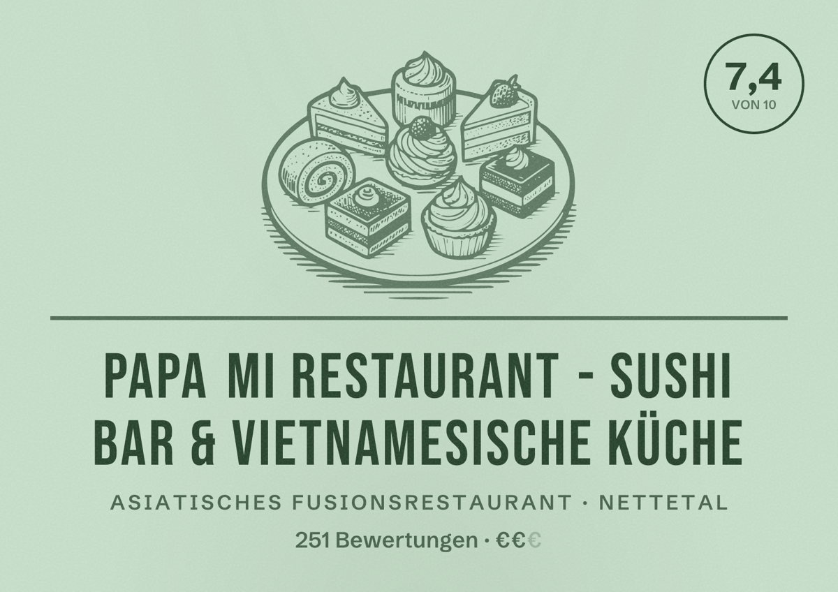Illustriertes Poster von Papa Mi Restaurant - Sushi Bar & Vietnamesische Küche, Asiatisches Fusionsrestaurant in Nettetal: Bewertung 7,4 von 10 aus 251 Bewertungen, Preisniveau €€
