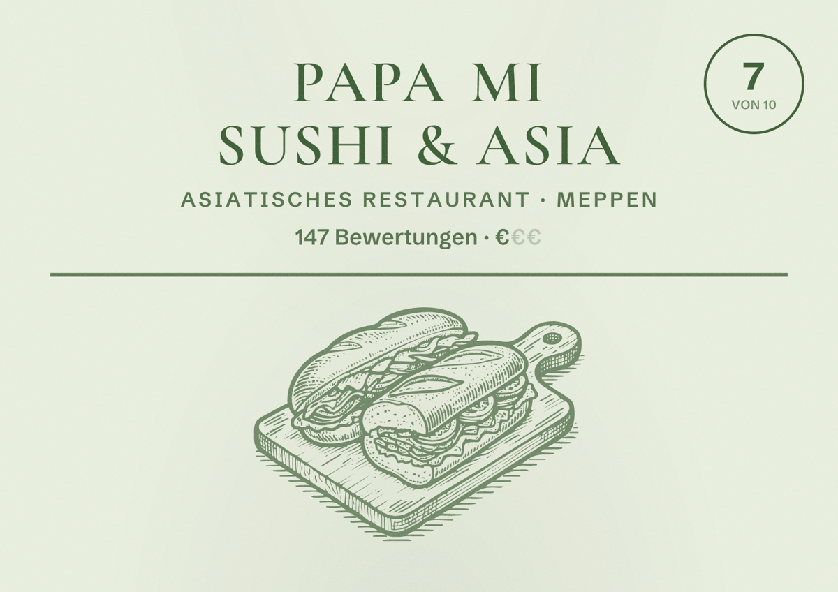Illustriertes Poster von Papa Mi Sushi & Asia, Asiatisches Restaurant in Meppen: Bewertung 7 von 10 aus 147 Bewertungen, Preisniveau €