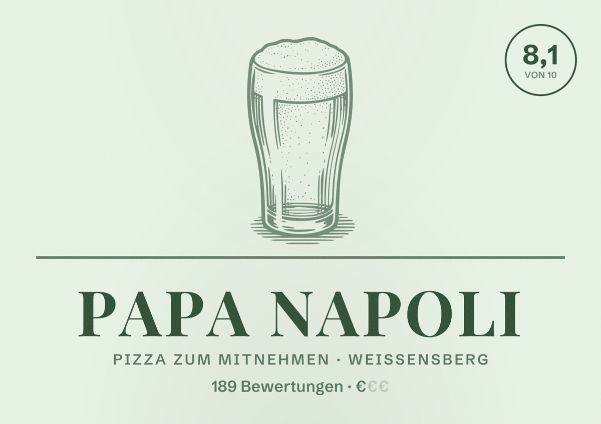 Illustriertes Poster von Papa Napoli, Pizza zum Mitnehmen in Weißensberg: Bewertung 8,1 von 10 aus 189 Bewertungen, Preisniveau €