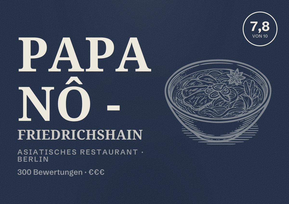 Illustriertes Poster von Papa Nô - Friedrichshain, Asiatisches Restaurant in Berlin: Bewertung 7,8 von 10 aus 300 Bewertungen, Preisniveau €€€