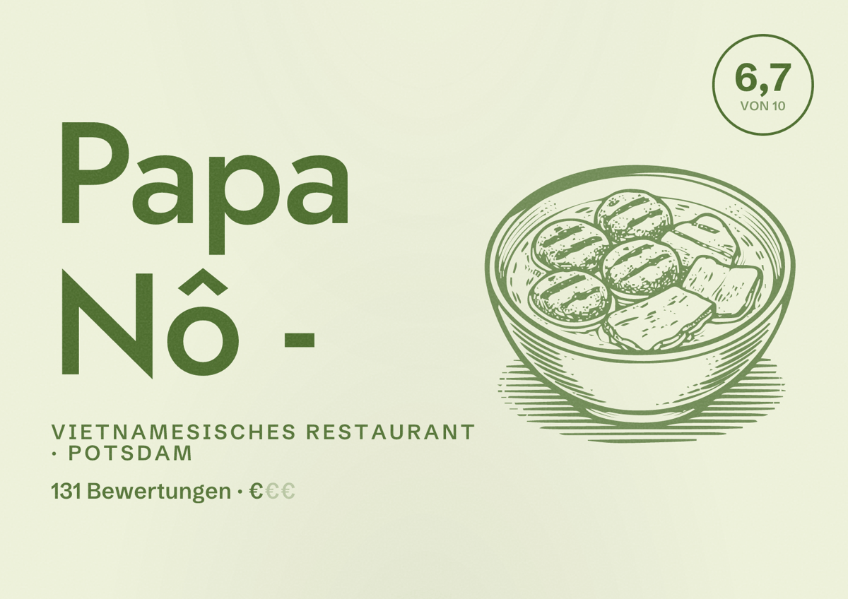 Illustriertes Poster von Papa Nô -, Vietnamesisches Restaurant in Potsdam: Bewertung 6,7 von 10 aus 131 Bewertungen, Preisniveau €
