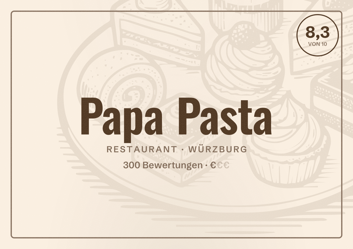 Illustriertes Poster von Papa Pasta, Restaurant in Würzburg: Bewertung 8,3 von 10 aus 300 Bewertungen, Preisniveau €