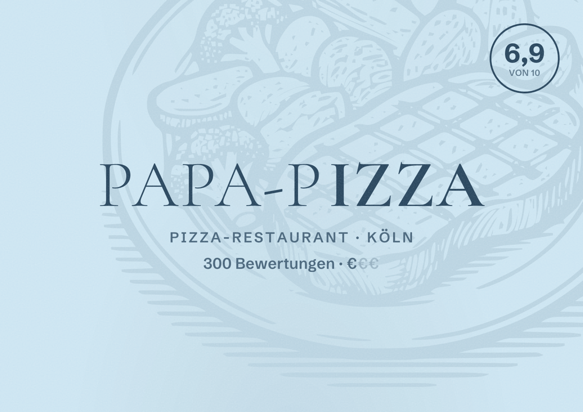 Illustriertes Poster von Papa-Pizza, Pizza-Restaurant in Köln: Bewertung 6,9 von 10 aus 300 Bewertungen, Preisniveau €