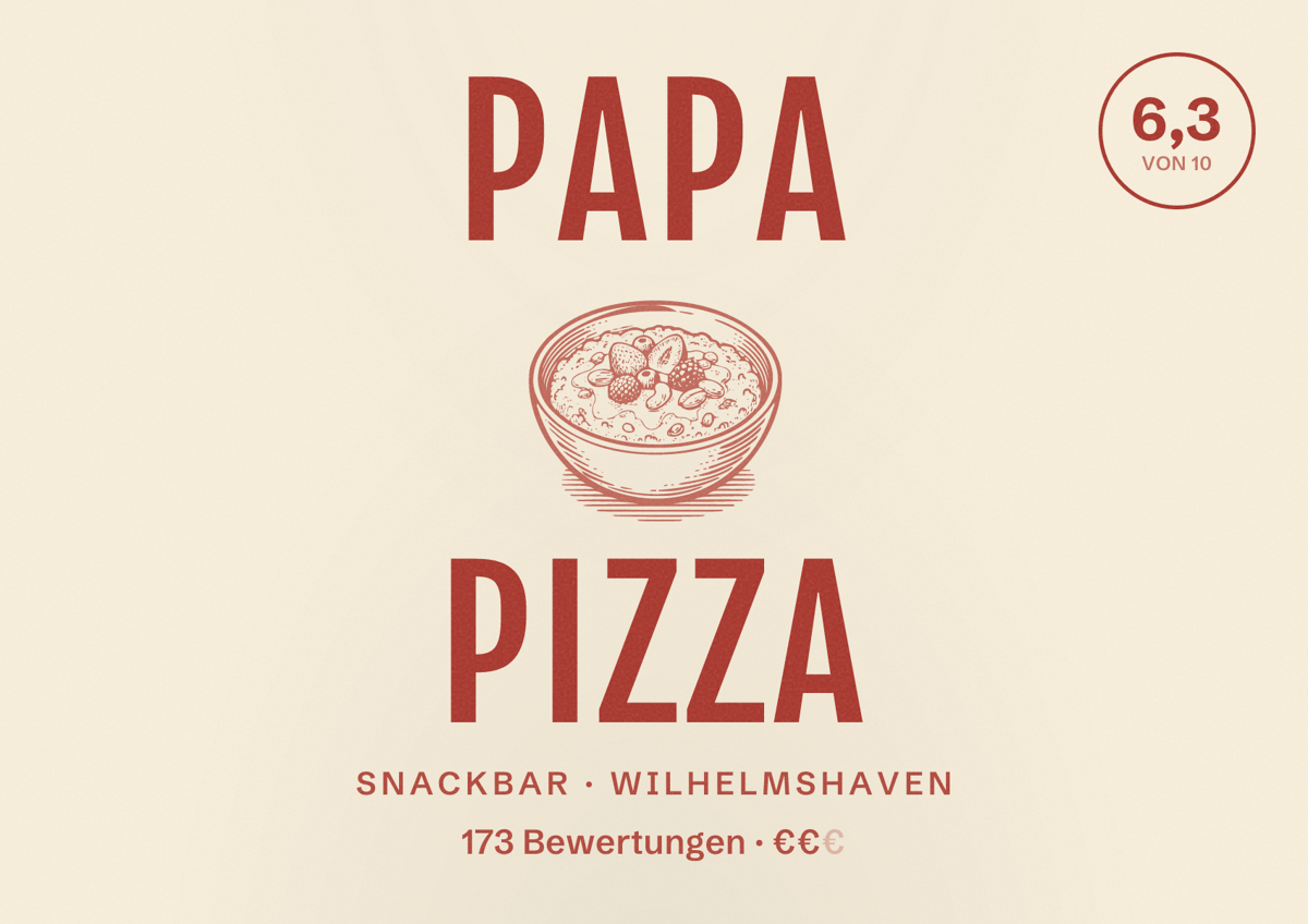 Illustriertes Poster von Papa Pizza, Snackbar in Wilhelmshaven: Bewertung 6,3 von 10 aus 173 Bewertungen, Preisniveau €€