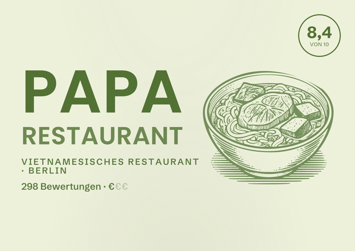 Illustriertes Poster von Papa Restaurant, Vietnamesisches Restaurant in Berlin: Bewertung 8,4 von 10 aus 298 Bewertungen, Preisniveau €