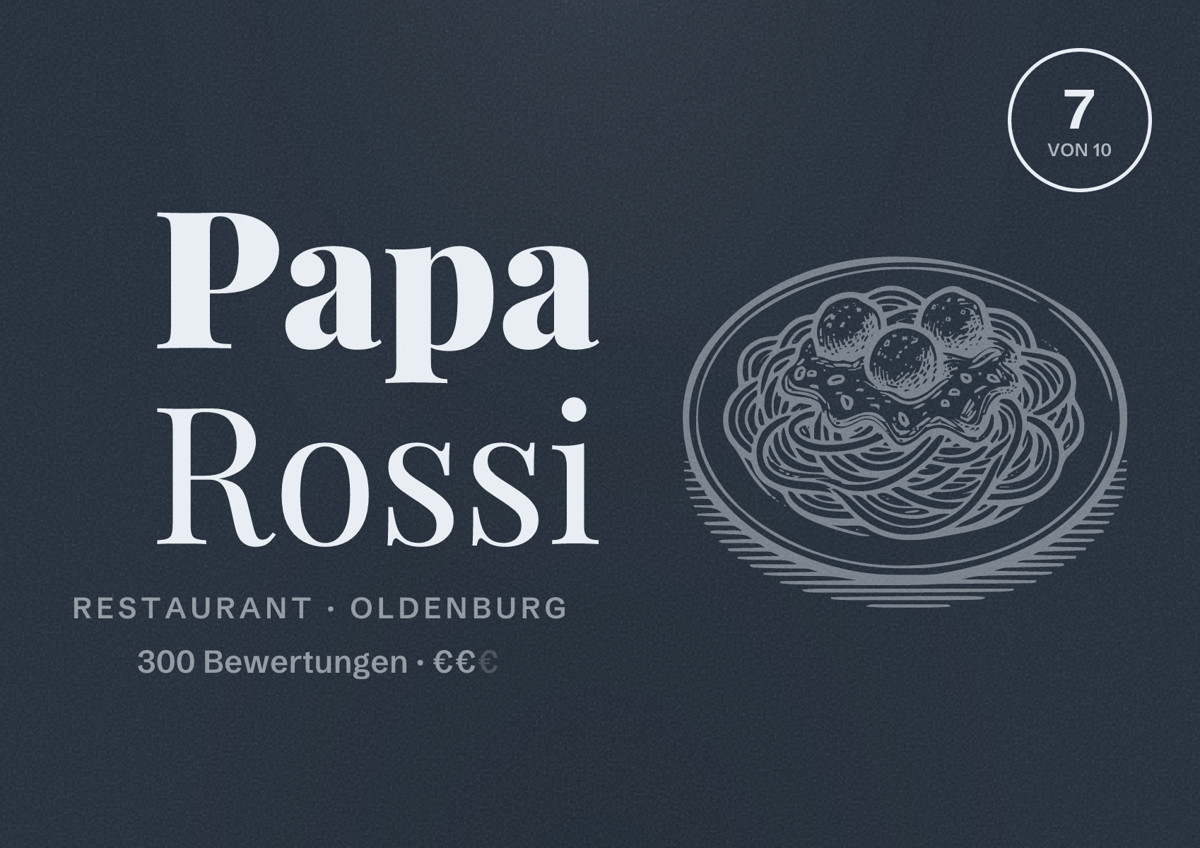 Illustriertes Poster von Papa Rossi, Restaurant in Oldenburg: Bewertung 7 von 10 aus 300 Bewertungen, Preisniveau €€
