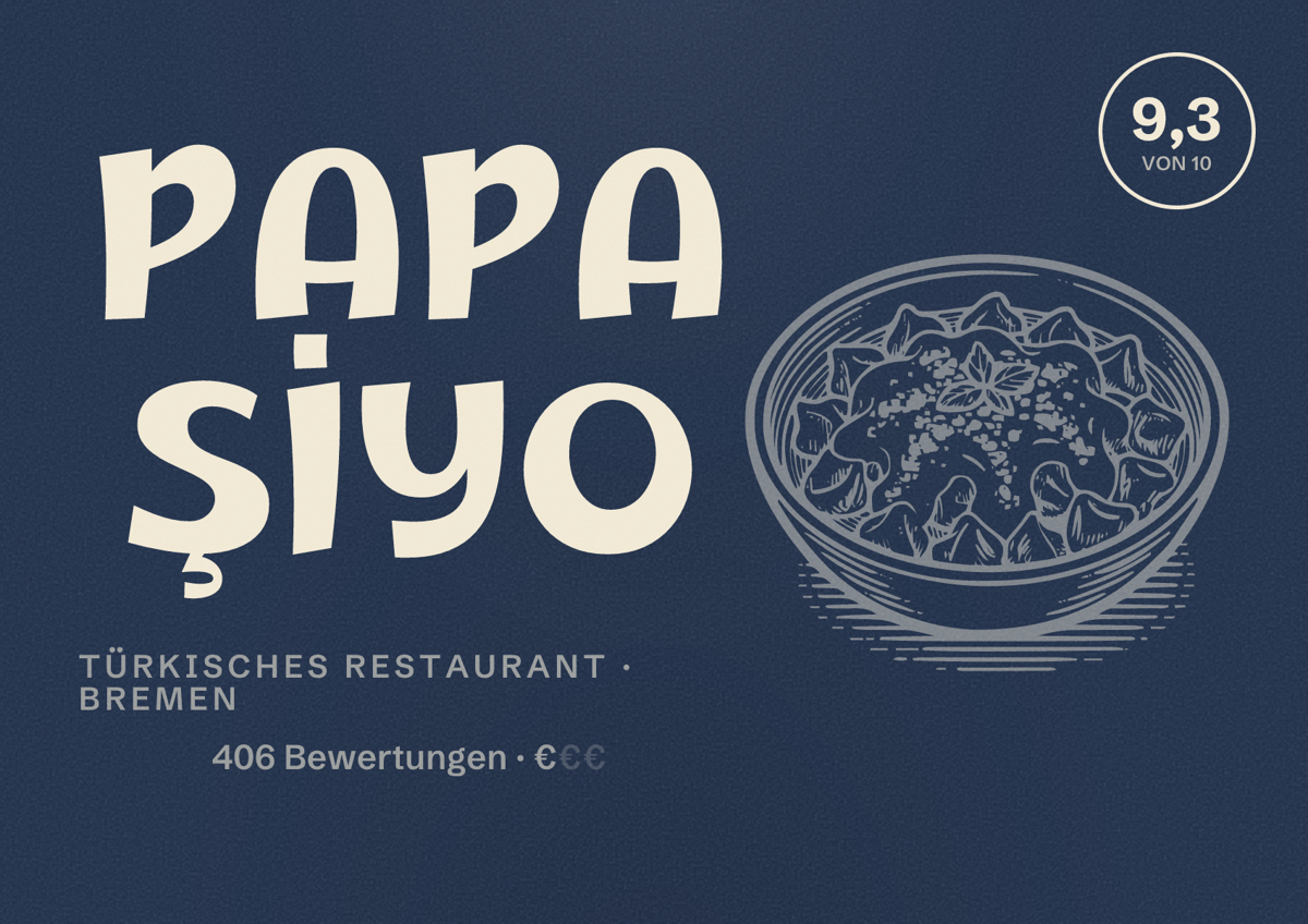 Illustriertes Poster von PAPA ŞİYO, Türkisches Restaurant in Bremen: Bewertung 9,3 von 10 aus 406 Bewertungen, Preisniveau €
