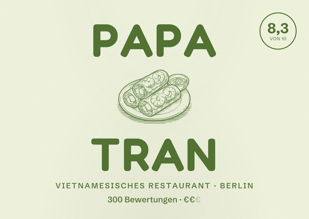 Illustriertes Poster von Papa Tran, Vietnamesisches Restaurant in Berlin: Bewertung 8,3 von 10 aus 300 Bewertungen, Preisniveau €€