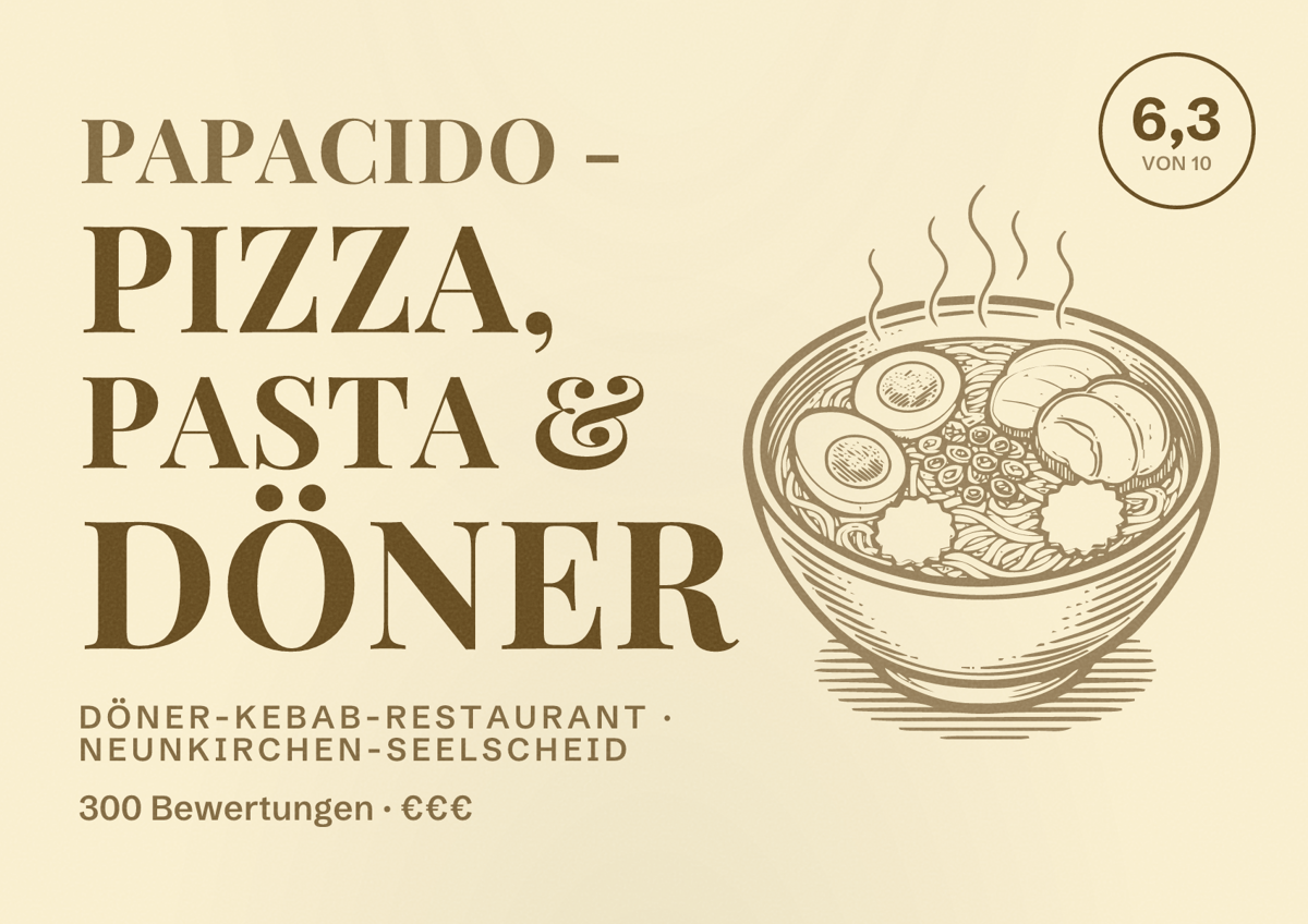 Illustriertes Poster von Papacido - Pizza, Pasta & Döner, Döner-Kebab-Restaurant in Neunkirchen-Seelscheid: Bewertung 6,3 von 10 aus 300 Bewertungen, Preisniveau €€€