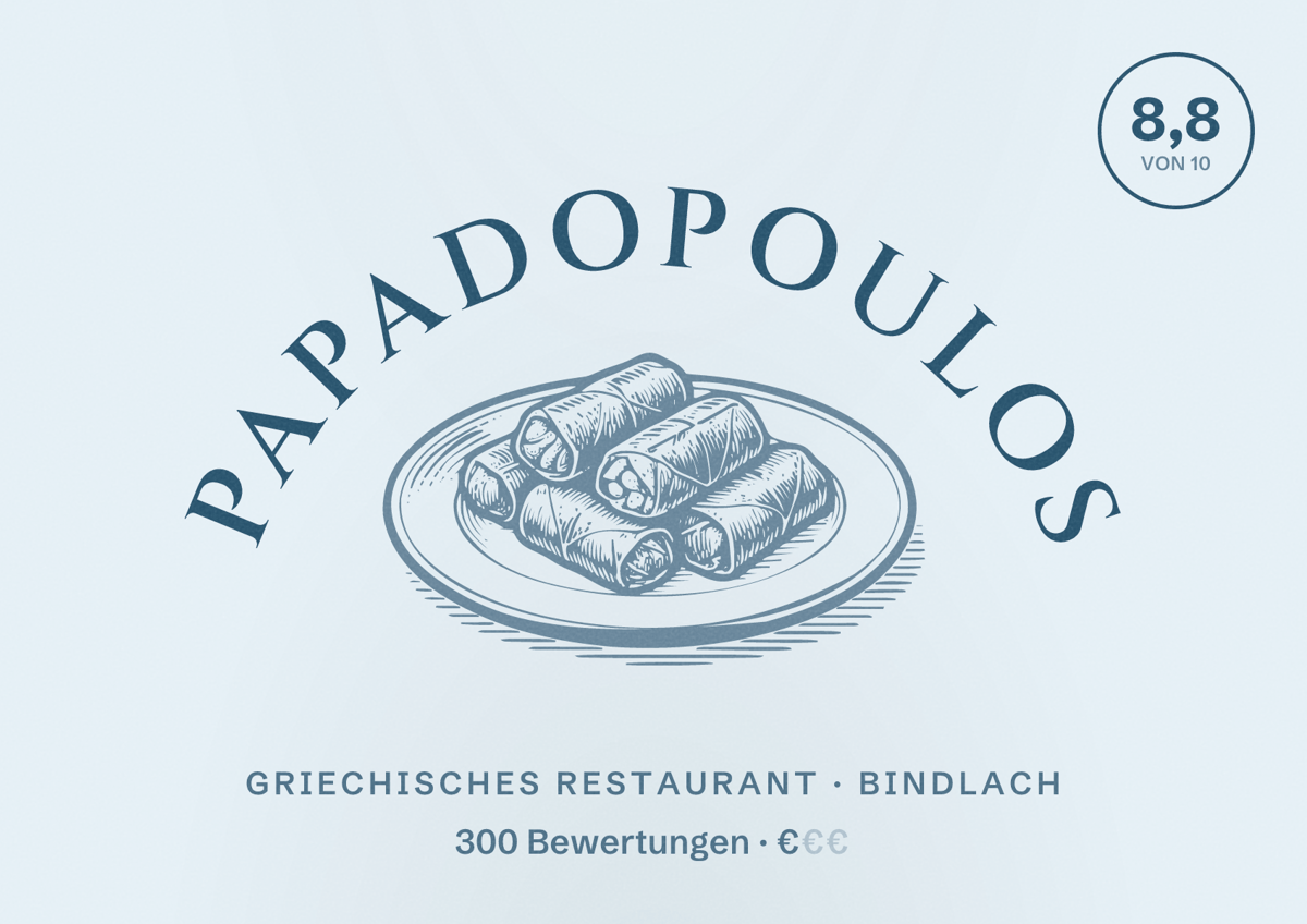 Illustriertes Poster von Papadopoulos, Griechisches Restaurant in Bindlach: Bewertung 8,8 von 10 aus 300 Bewertungen, Preisniveau €