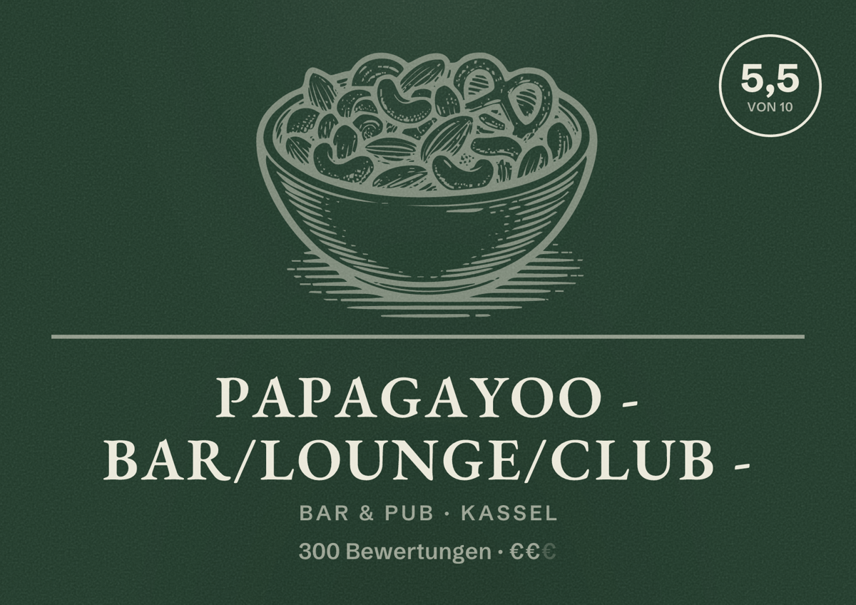 Illustriertes Poster von Papagayoo - Bar/Lounge/Club -, Bar & Pub in Kassel: Bewertung 5,5 von 10 aus 300 Bewertungen, Preisniveau €€