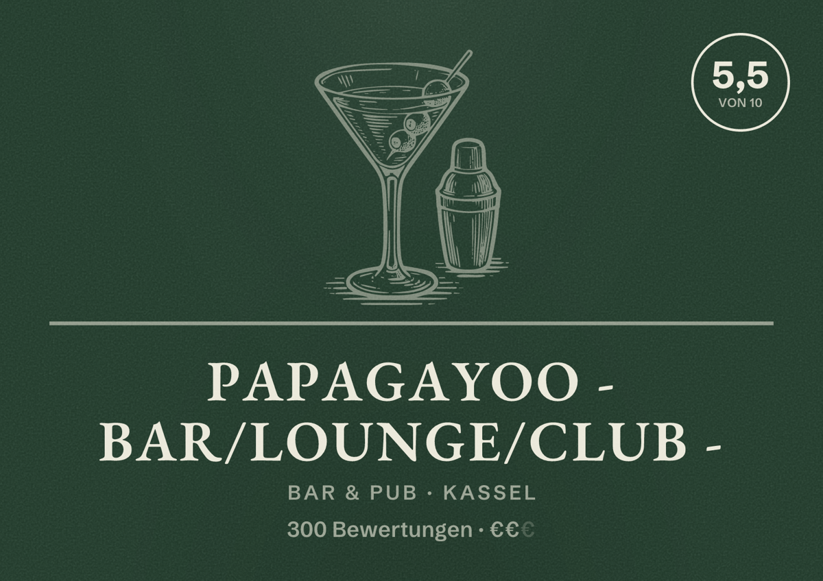 Illustriertes Poster von Papagayoo - Bar/Lounge/Club -, Bar & Pub in Kassel: Bewertung 5,5 von 10 aus 300 Bewertungen, Preisniveau €€