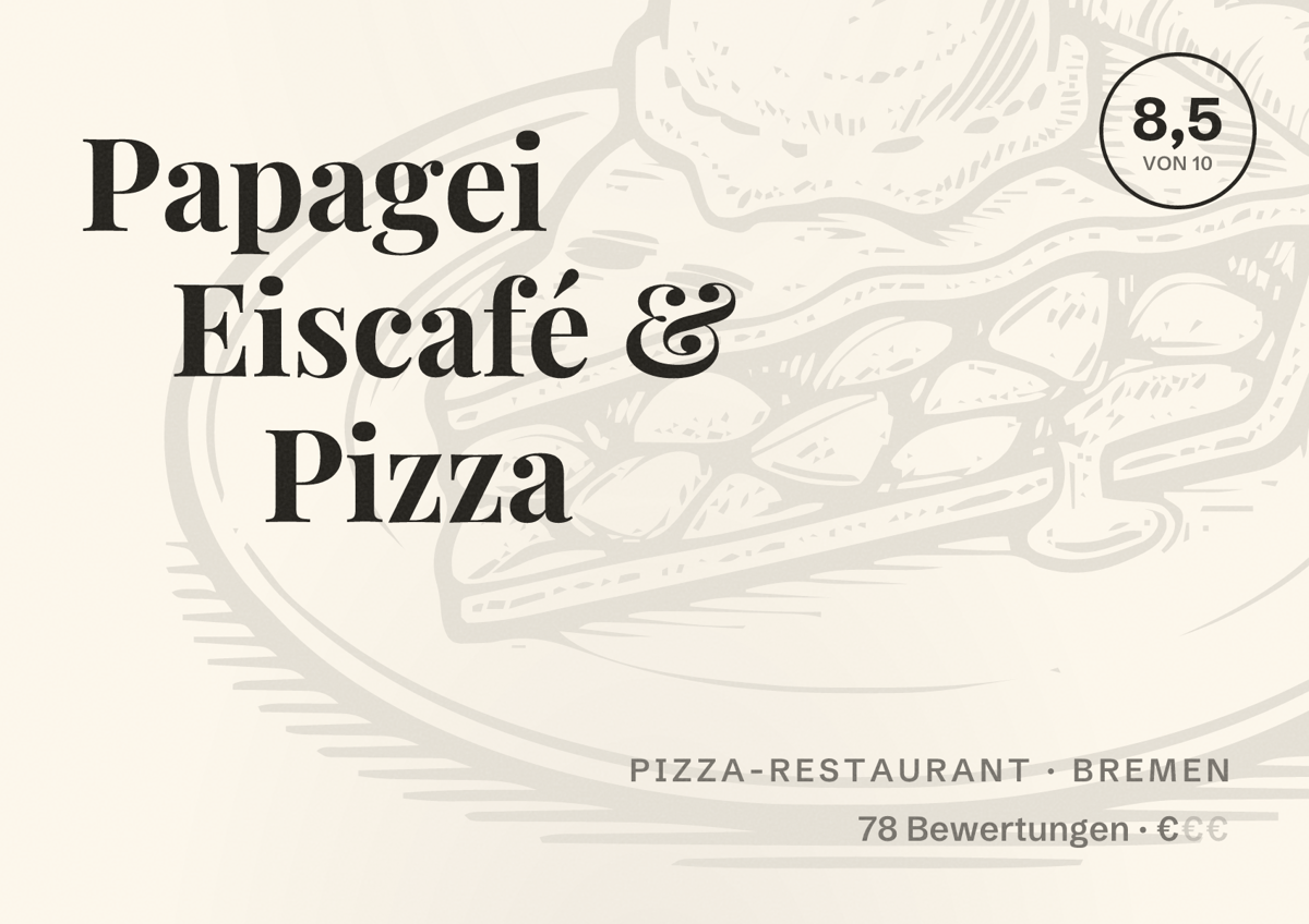 Illustriertes Poster von Papagei Eiscafé & Pizza, Pizza-Restaurant in Bremen: Bewertung 8,5 von 10 aus 78 Bewertungen, Preisniveau €