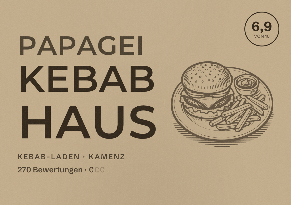 Illustriertes Poster von Papagei kebab haus, Kebab-Laden in Kamenz: Bewertung 6,9 von 10 aus 270 Bewertungen, Preisniveau €