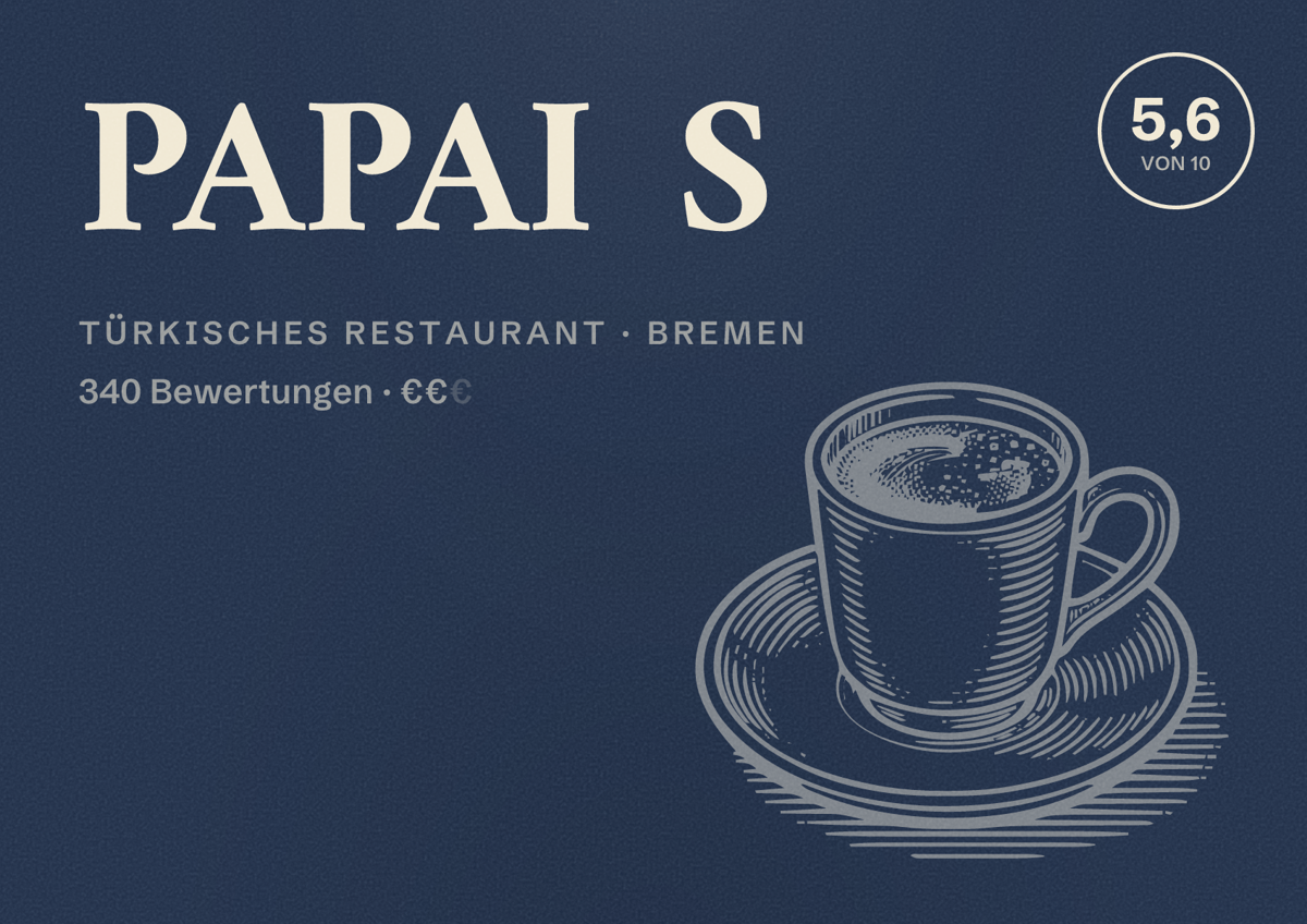 Illustriertes Poster von PAPAI S, Türkisches Restaurant in Bremen: Bewertung 5,6 von 10 aus 340 Bewertungen, Preisniveau €€