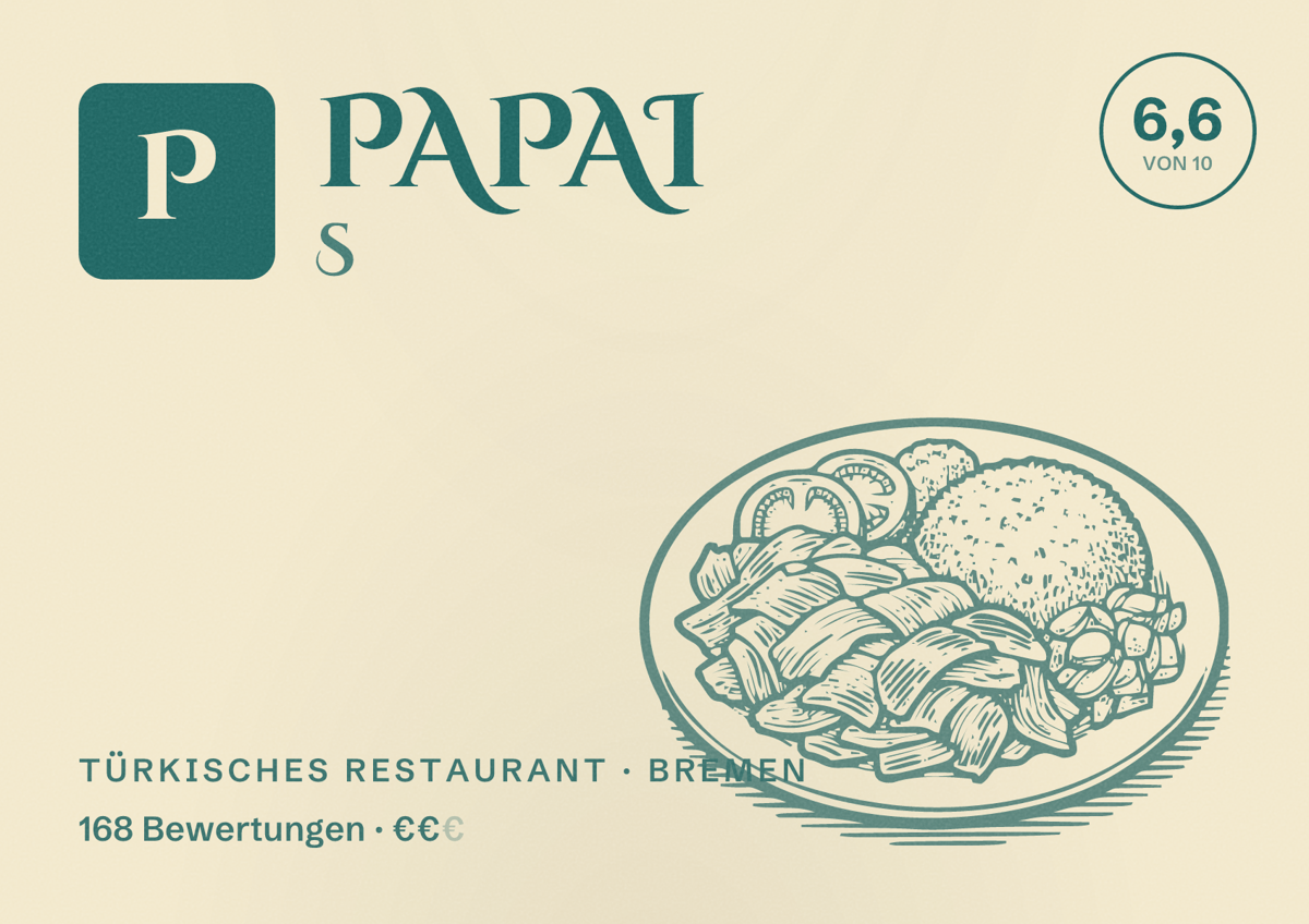 Illustriertes Poster von PAPAI S, Türkisches Restaurant in Bremen: Bewertung 6,6 von 10 aus 168 Bewertungen, Preisniveau €€
