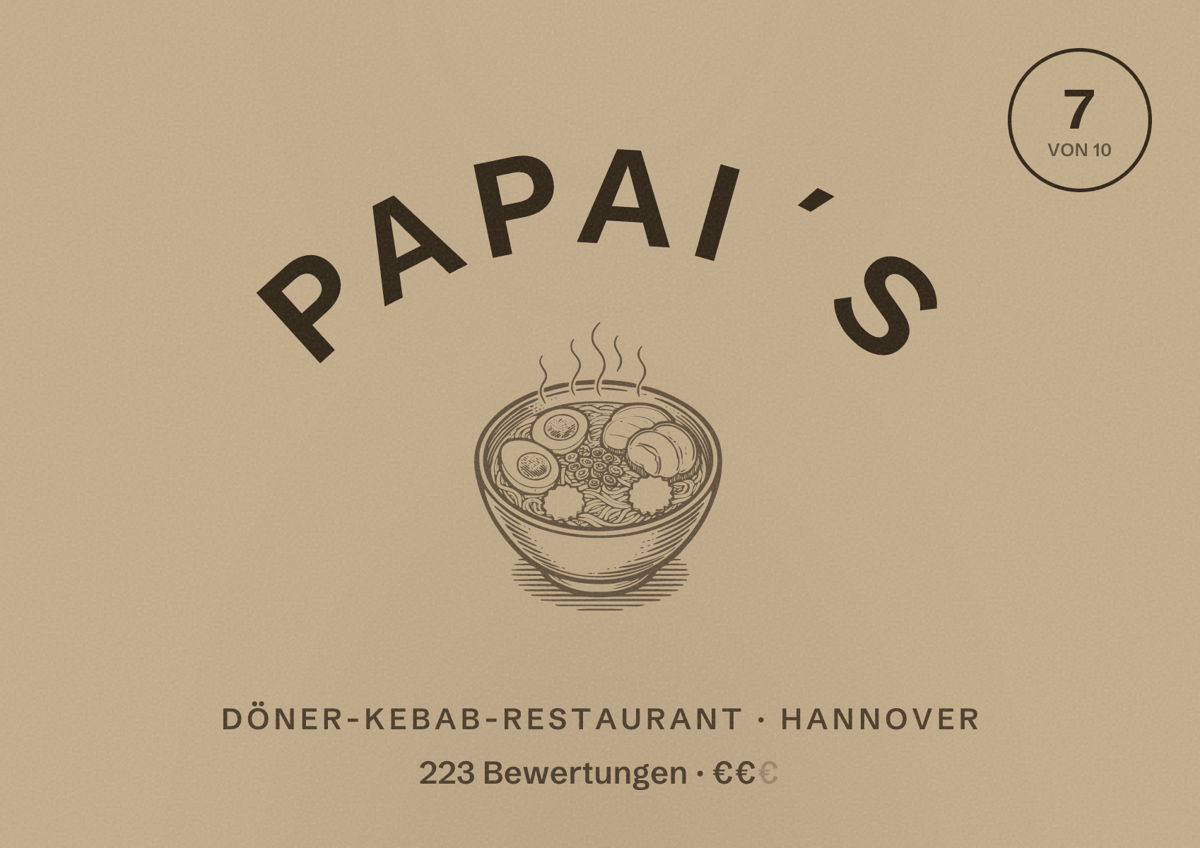 Illustriertes Poster von PAPAI´S, Döner-Kebab-Restaurant in Hannover: Bewertung 7 von 10 aus 223 Bewertungen, Preisniveau €€