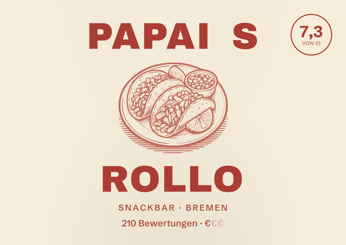 Illustriertes Poster von PAPAI S ROLLO, Snackbar in Bremen: Bewertung 7,3 von 10 aus 210 Bewertungen, Preisniveau €