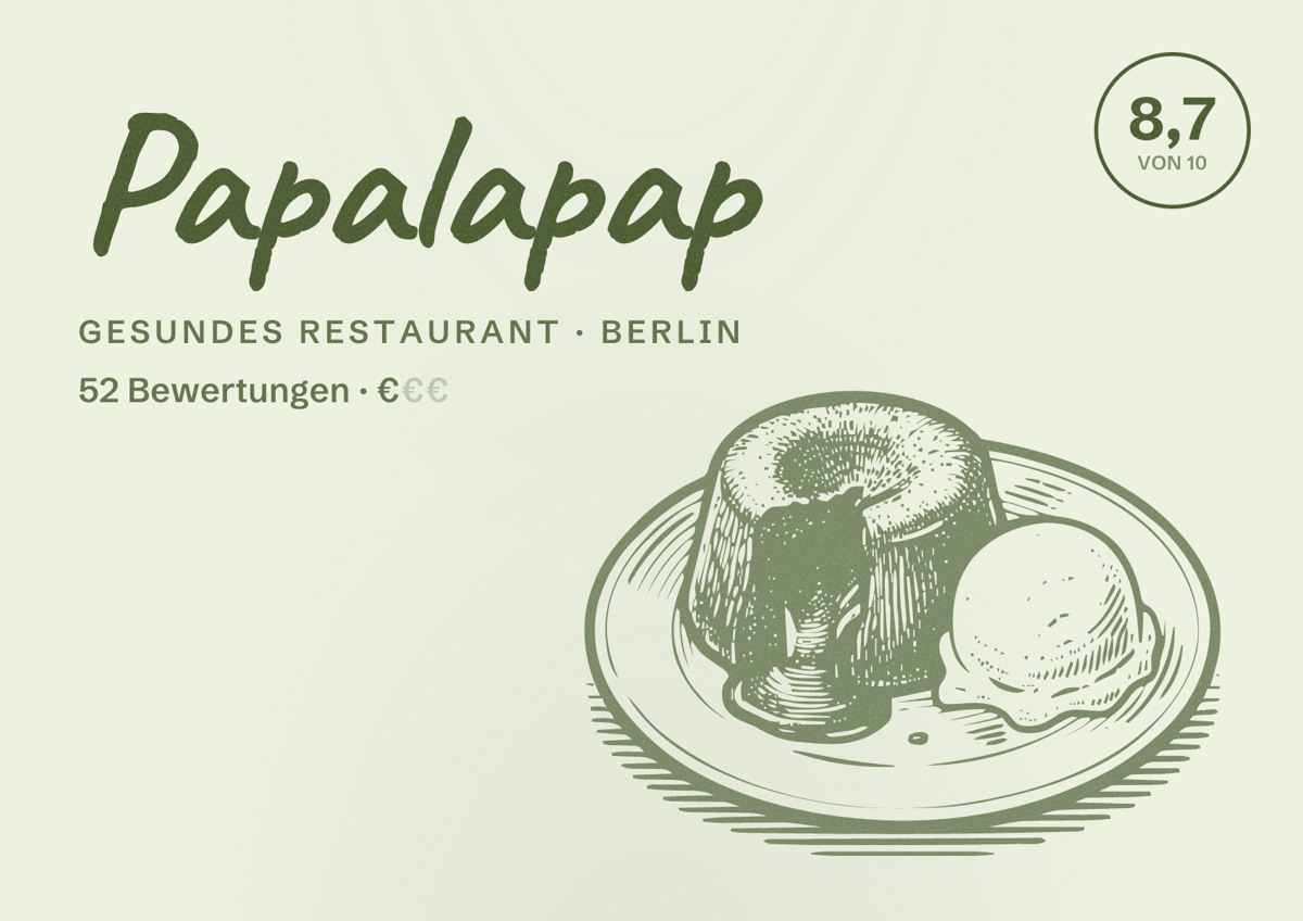 Illustriertes Poster von Papalapap, Gesundes Restaurant in Berlin: Bewertung 8,7 von 10 aus 52 Bewertungen, Preisniveau €