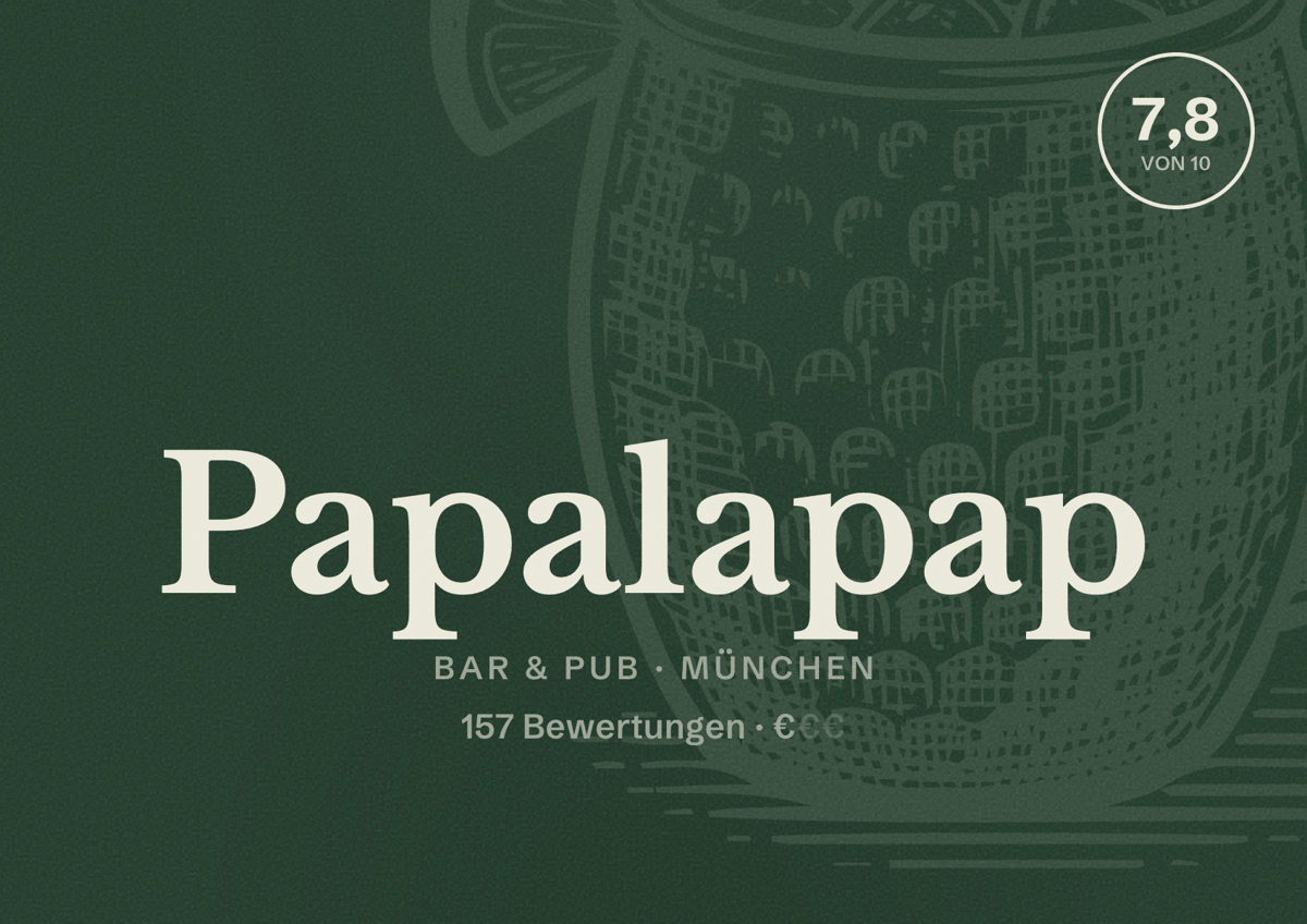 Illustriertes Poster von Papalapap, Bar & Pub in München: Bewertung 7,8 von 10 aus 157 Bewertungen, Preisniveau €