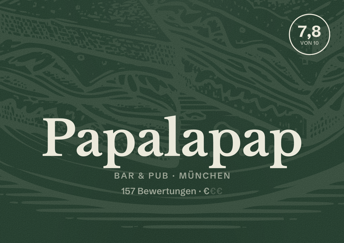 Illustriertes Poster von Papalapap, Bar & Pub in München: Bewertung 7,8 von 10 aus 157 Bewertungen, Preisniveau €
