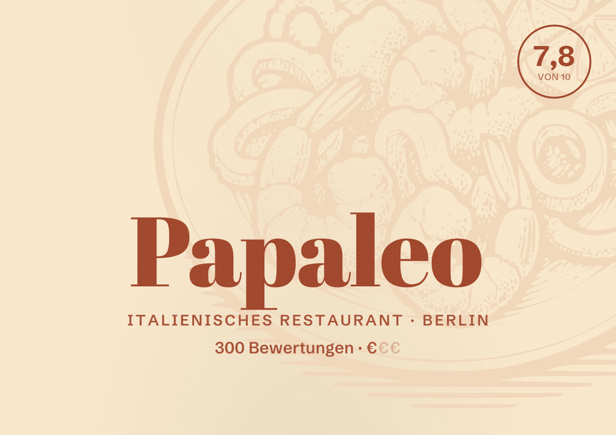 Illustriertes Poster von Papaleo, Italienisches Restaurant in Berlin: Bewertung 7,8 von 10 aus 300 Bewertungen, Preisniveau €
