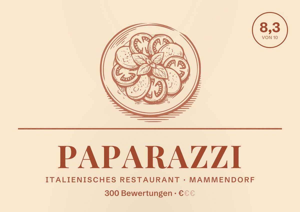 Illustriertes Poster von Paparazzi, Italienisches Restaurant in Mammendorf: Bewertung 8,3 von 10 aus 300 Bewertungen, Preisniveau €