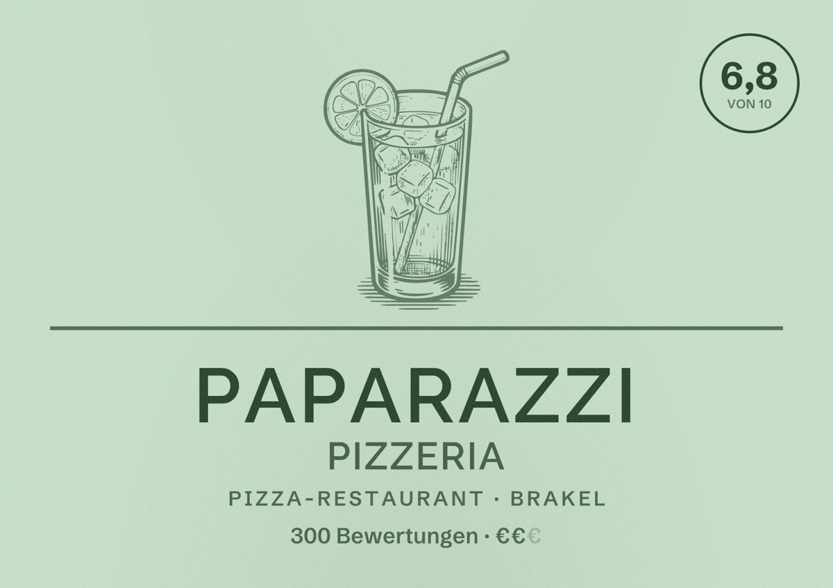 Illustriertes Poster von Paparazzi Pizzeria, Pizza-Restaurant in Brakel: Bewertung 6,8 von 10 aus 300 Bewertungen, Preisniveau €€