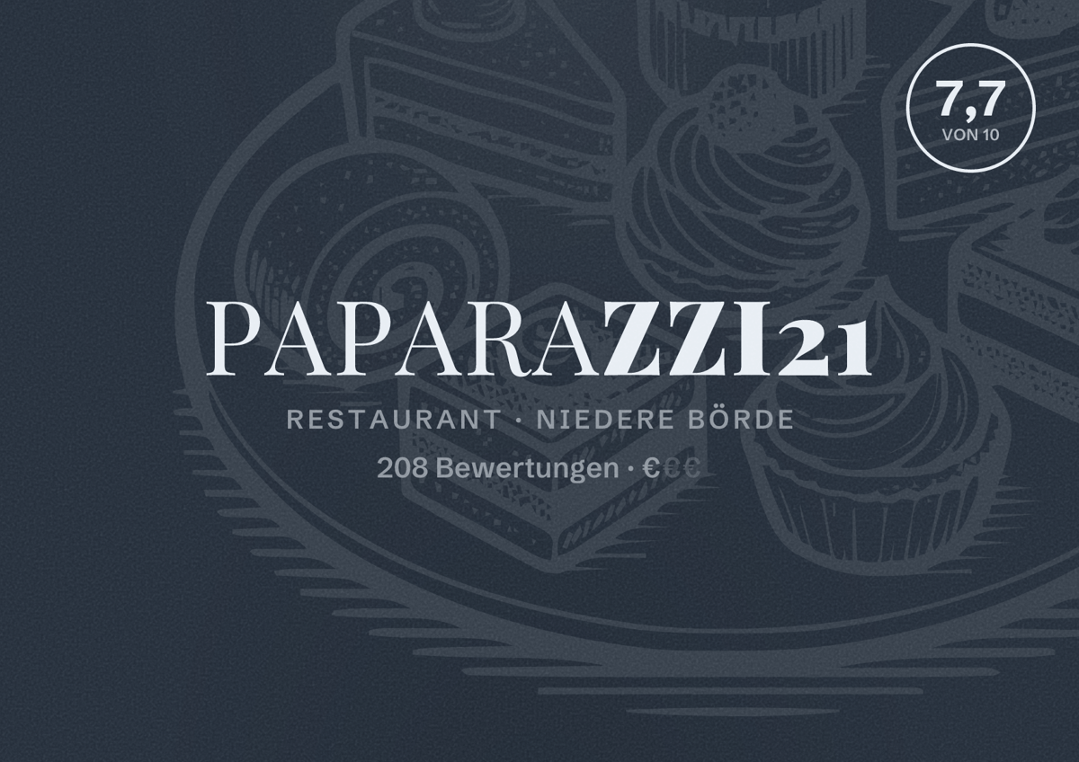 Illustriertes Poster von PapaRazzi21, Restaurant in Niedere Börde: Bewertung 7,7 von 10 aus 208 Bewertungen, Preisniveau €