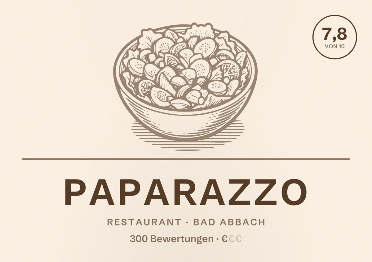 Illustriertes Poster von Paparazzo, Restaurant in Bad Abbach: Bewertung 7,8 von 10 aus 300 Bewertungen, Preisniveau €