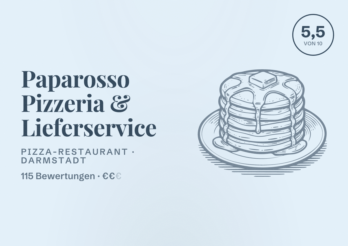 Illustriertes Poster von Paparosso Pizzeria & Lieferservice, Pizza-Restaurant in Darmstadt: Bewertung 5,5 von 10 aus 115 Bewertungen, Preisniveau €€