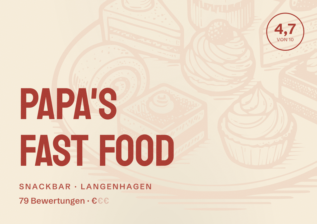 Illustriertes Poster von Papa's Fast Food, Snackbar in Langenhagen: Bewertung 4,7 von 10 aus 79 Bewertungen, Preisniveau €