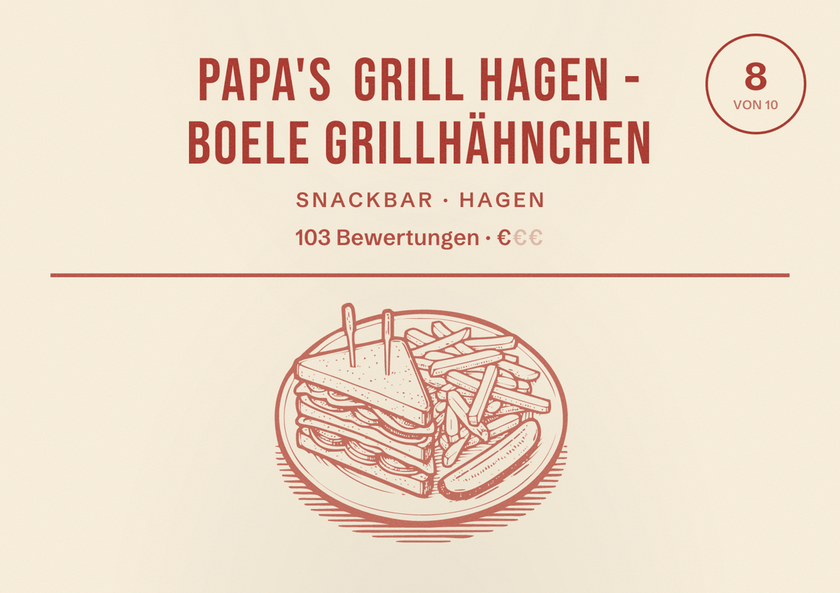 Illustriertes Poster von Papa's Grill Hagen - Boele Grillhähnchen, Snackbar in Hagen: Bewertung 8 von 10 aus 103 Bewertungen, Preisniveau €