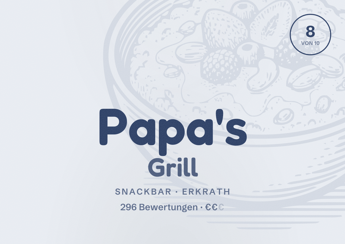 Illustriertes Poster von Papa's Grill, Snackbar in Erkrath: Bewertung 8 von 10 aus 296 Bewertungen, Preisniveau €€