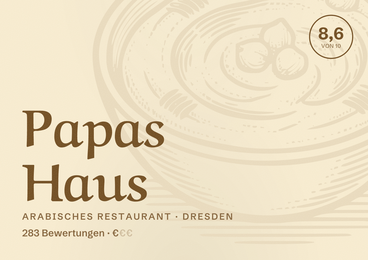 Illustriertes Poster von Papas Haus, Arabisches Restaurant in Dresden: Bewertung 8,6 von 10 aus 283 Bewertungen, Preisniveau €