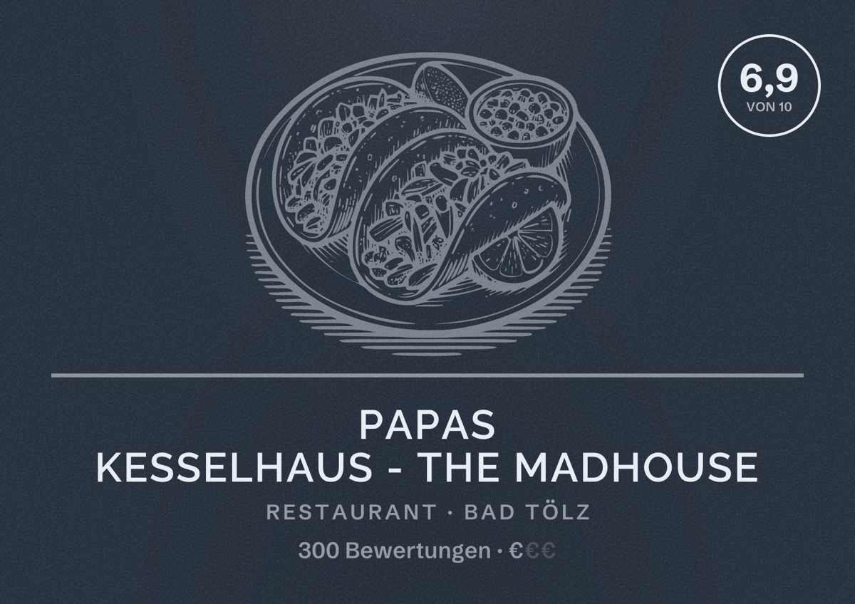 Illustriertes Poster von Papas Kesselhaus - The Madhouse, Restaurant in Bad Tölz: Bewertung 6,9 von 10 aus 300 Bewertungen, Preisniveau €