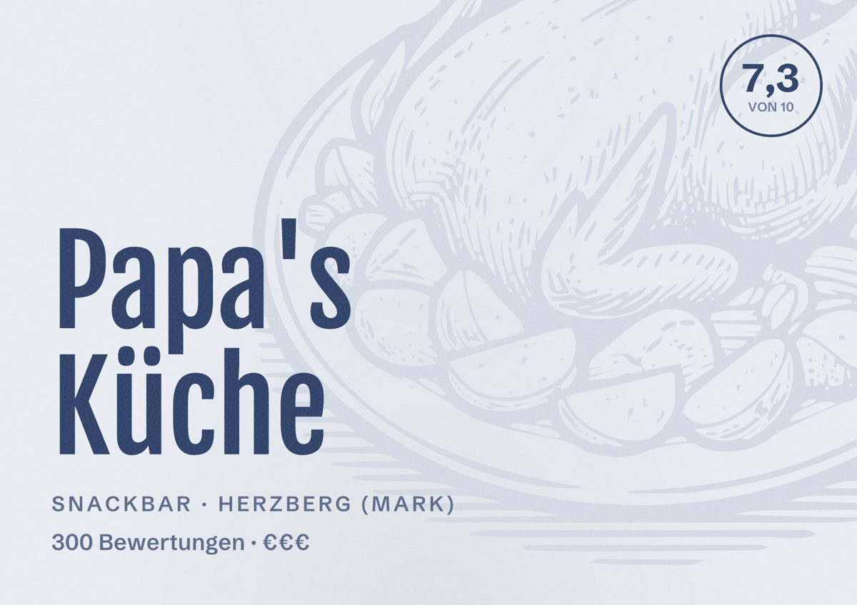 Illustriertes Poster von Papa's Küche, Snackbar in Herzberg (Mark): Bewertung 7,3 von 10 aus 300 Bewertungen, Preisniveau €€€