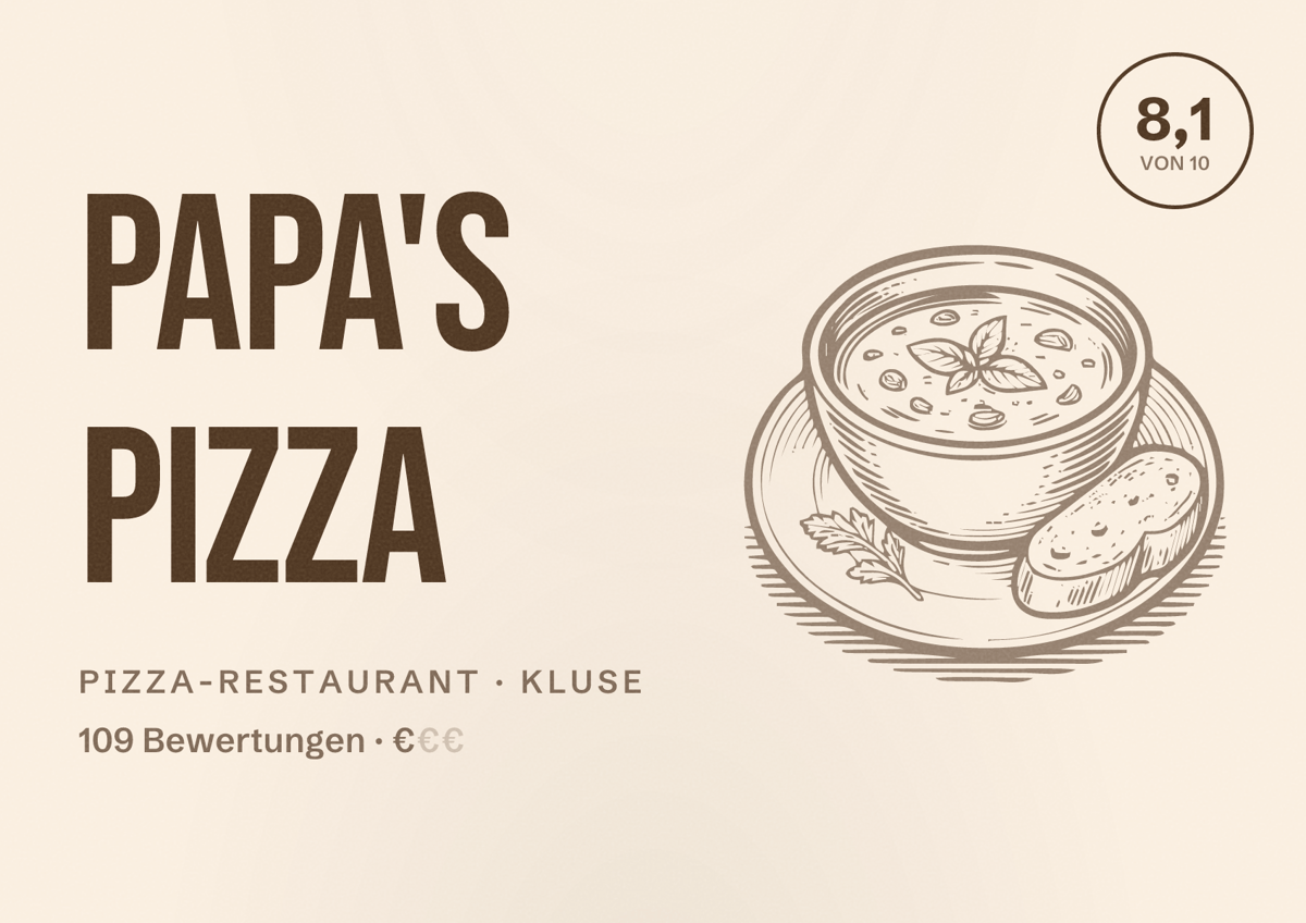 Illustriertes Poster von Papa's Pizza, Pizza-Restaurant in Kluse: Bewertung 8,1 von 10 aus 109 Bewertungen, Preisniveau €