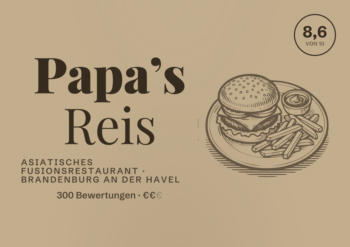 Illustriertes Poster von Papa’s Reis, Asiatisches Fusionsrestaurant in Brandenburg an der Havel: Bewertung 8,6 von 10 aus 300 Bewertungen, Preisniveau €€