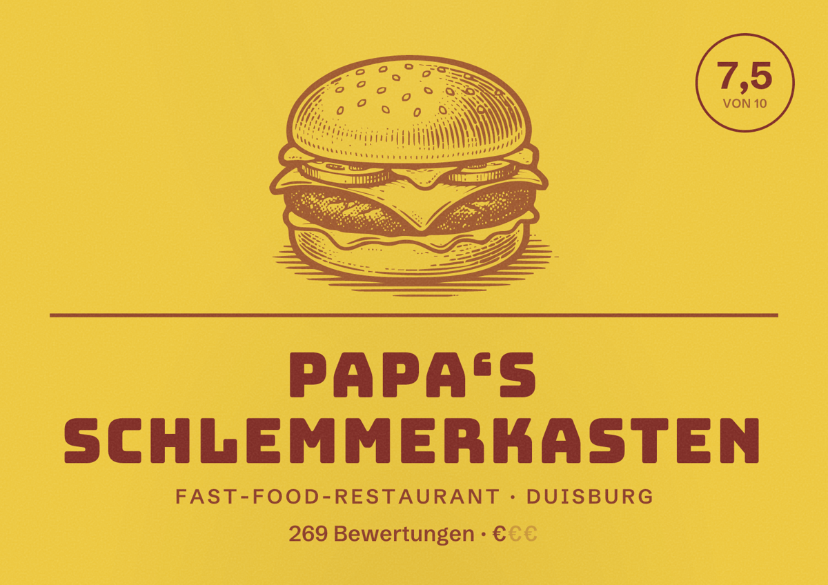 Illustriertes Poster von Papa‘s Schlemmerkasten, Fast-Food-Restaurant in Duisburg: Bewertung 7,5 von 10 aus 269 Bewertungen, Preisniveau €