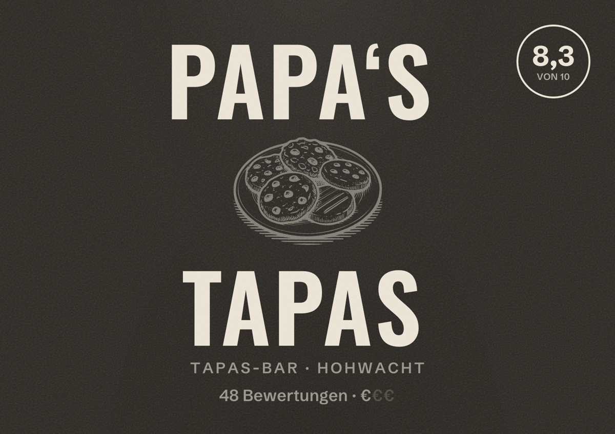 Illustriertes Poster von Papa‘s Tapas, Tapas-Bar in Hohwacht: Bewertung 8,3 von 10 aus 48 Bewertungen, Preisniveau €