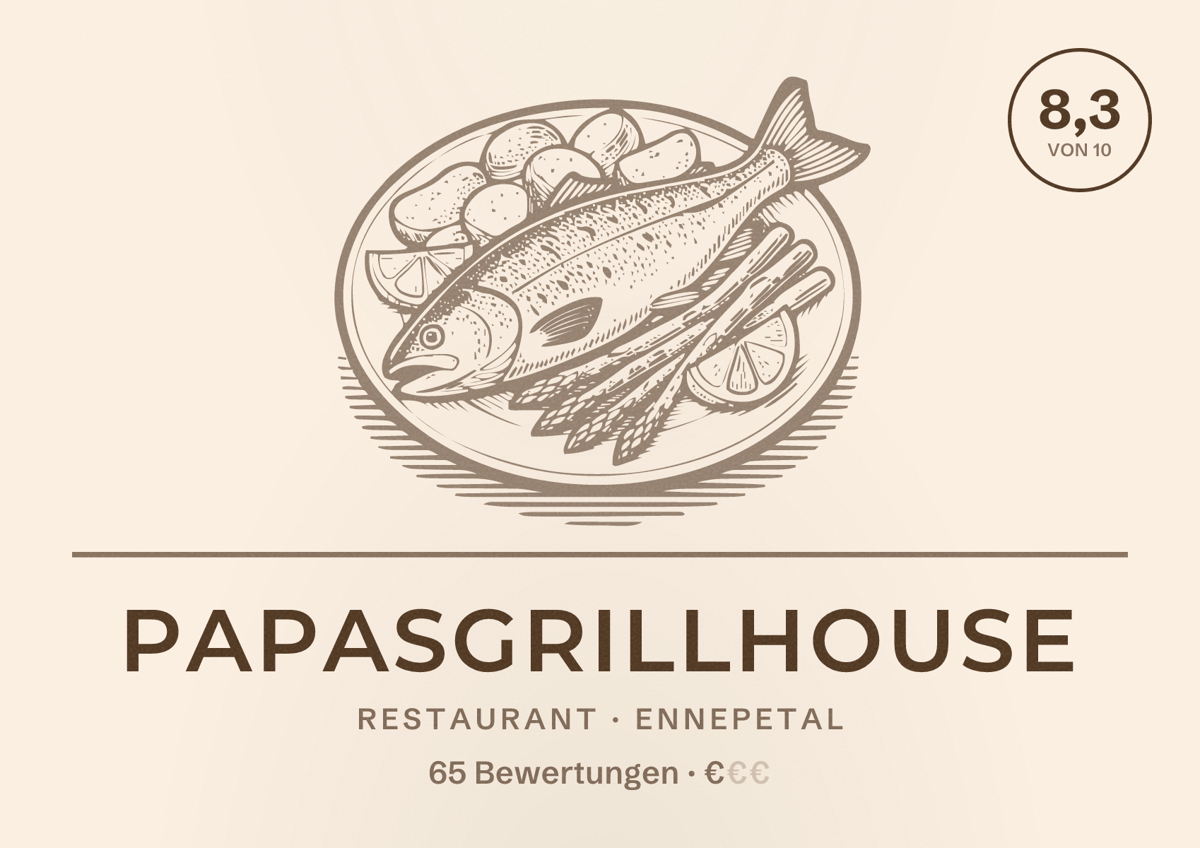 Illustriertes Poster von Papasgrillhouse, Restaurant in Ennepetal: Bewertung 8,3 von 10 aus 65 Bewertungen, Preisniveau €