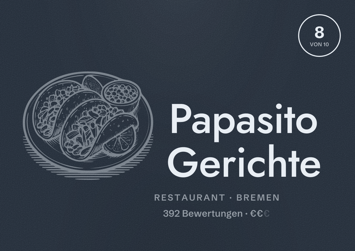 Illustriertes Poster von Papasito Gerichte, Restaurant in Bremen: Bewertung 8 von 10 aus 392 Bewertungen, Preisniveau €€