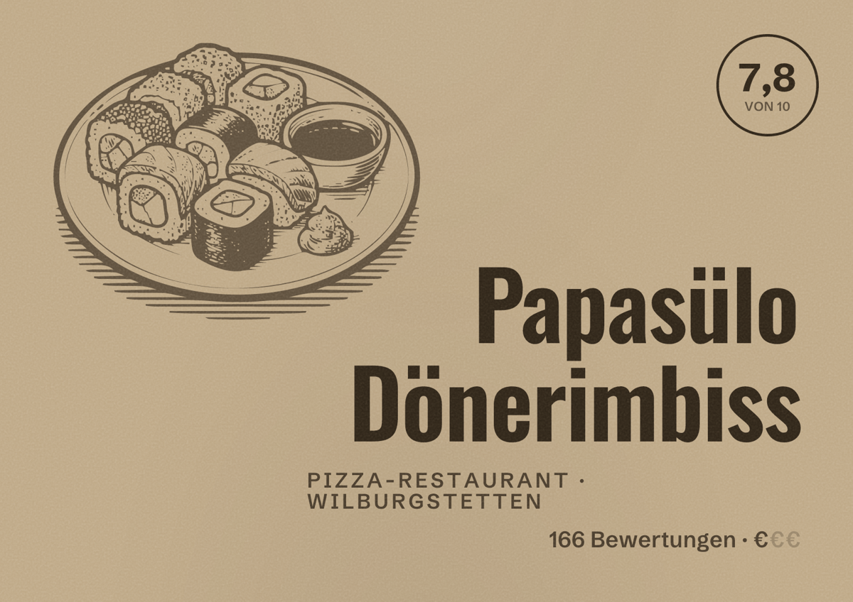 Illustriertes Poster von Papasülo Dönerimbiss, Pizza-Restaurant in Wilburgstetten: Bewertung 7,8 von 10 aus 166 Bewertungen, Preisniveau €