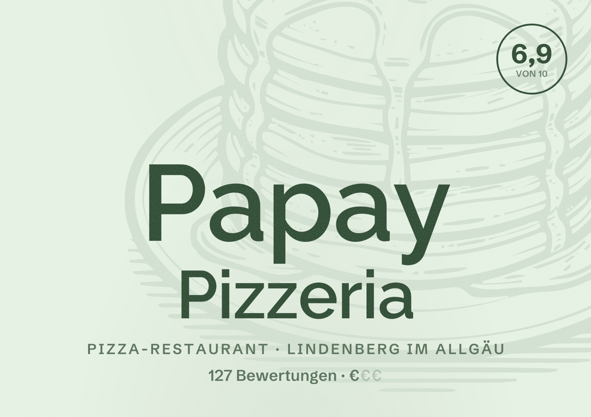 Illustriertes Poster von Papay Pizzeria, Pizza-Restaurant in Lindenberg im Allgäu: Bewertung 6,9 von 10 aus 127 Bewertungen, Preisniveau €