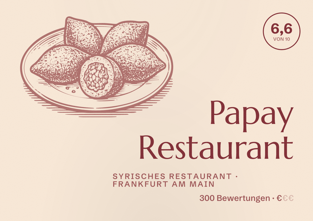 Illustriertes Poster von Papay Restaurant, Syrisches Restaurant in Frankfurt am Main: Bewertung 6,6 von 10 aus 300 Bewertungen, Preisniveau €
