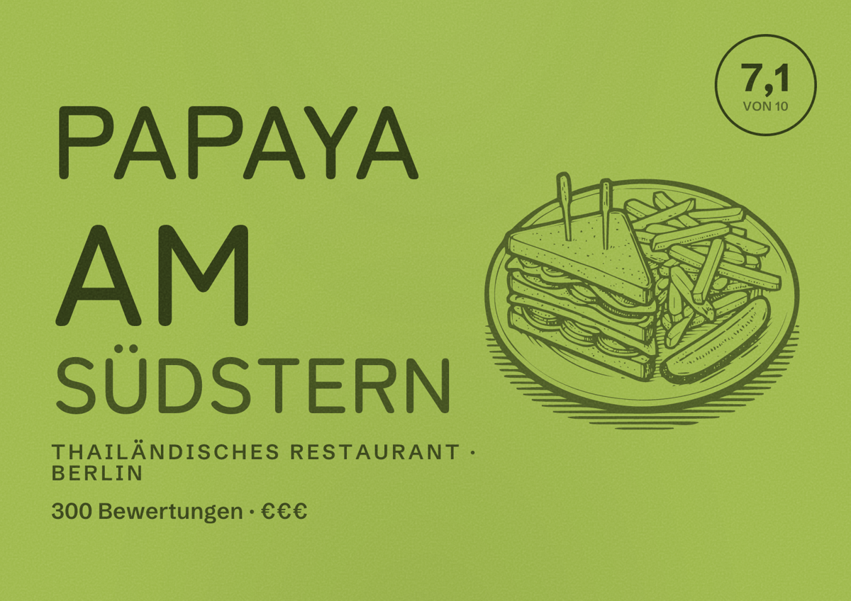 Illustriertes Poster von papaya am Südstern, Thailändisches Restaurant in Berlin: Bewertung 7,1 von 10 aus 300 Bewertungen, Preisniveau €€€