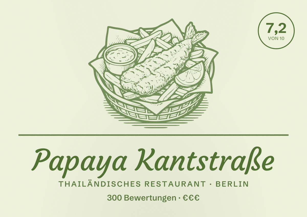 Illustriertes Poster von Papaya Kantstraße, Thailändisches Restaurant in Berlin: Bewertung 7,2 von 10 aus 300 Bewertungen, Preisniveau €€€